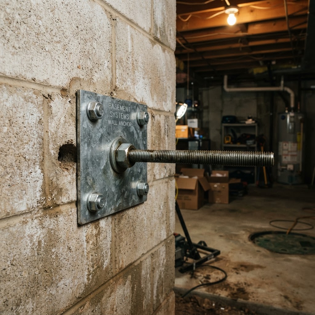 Wall anchor plate on the interior face of a block foundation