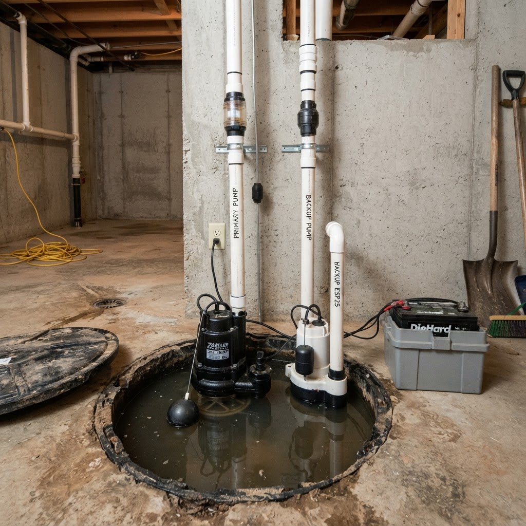Primary and backup sump pumps in a single basin in a South Bend basement