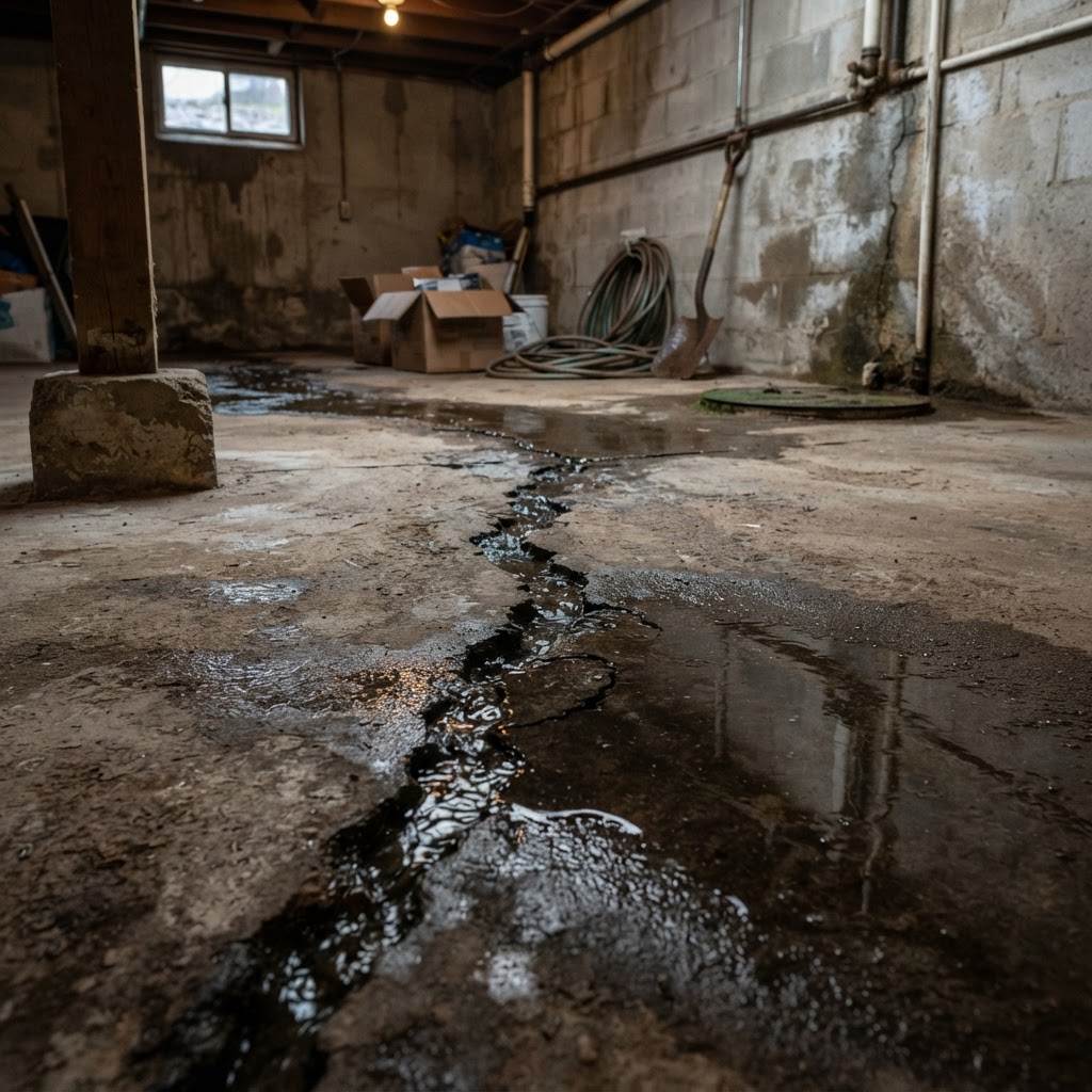Water seeping up through a floor crack in a South Bend basement during spring thaw