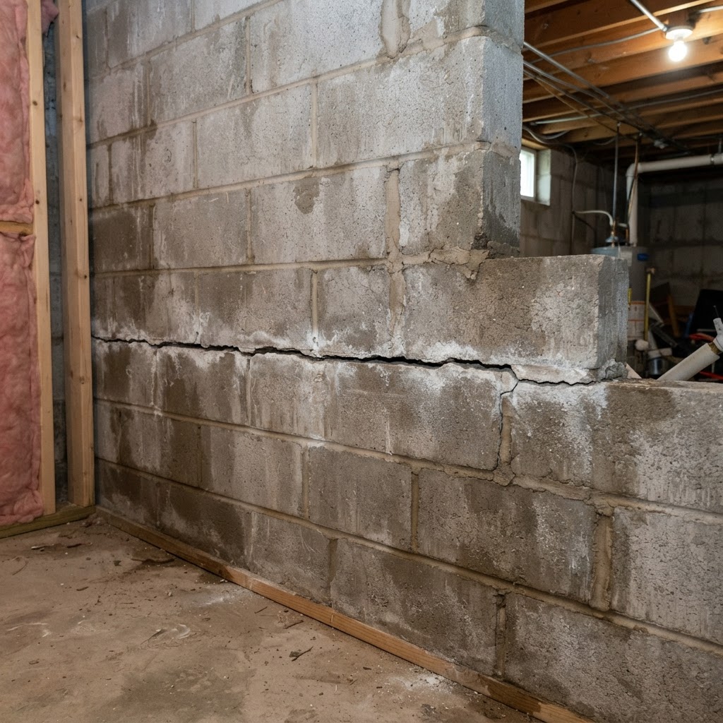 Horizontal crack across a block basement wall in South Bend