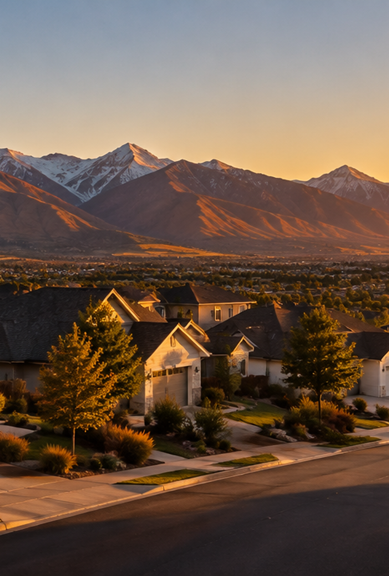 Residential neighborhood in Syracuse, Utah at golden hour