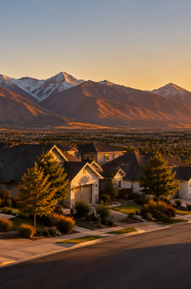 Residential neighborhood in Kaysville, Utah at golden hour