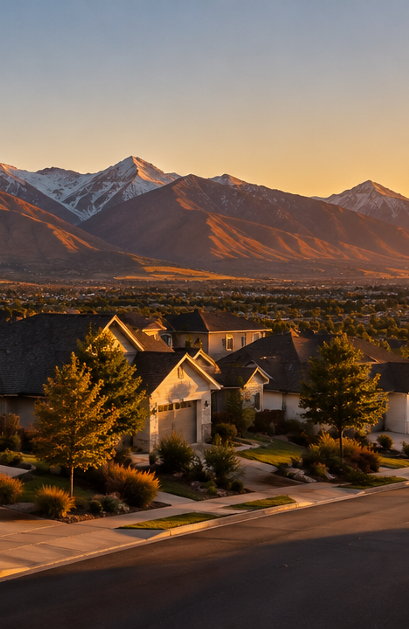 Residential neighborhood in Layton, Utah at golden hour