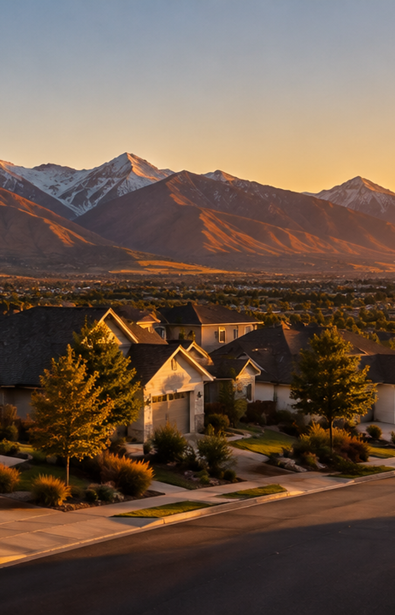 Residential neighborhood in Farmington, Utah at golden hour