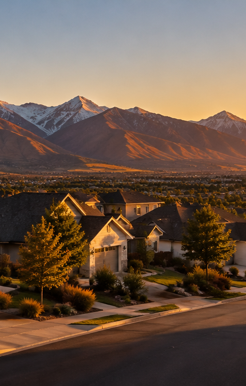 Residential neighborhood in Bountiful, Utah at golden hour