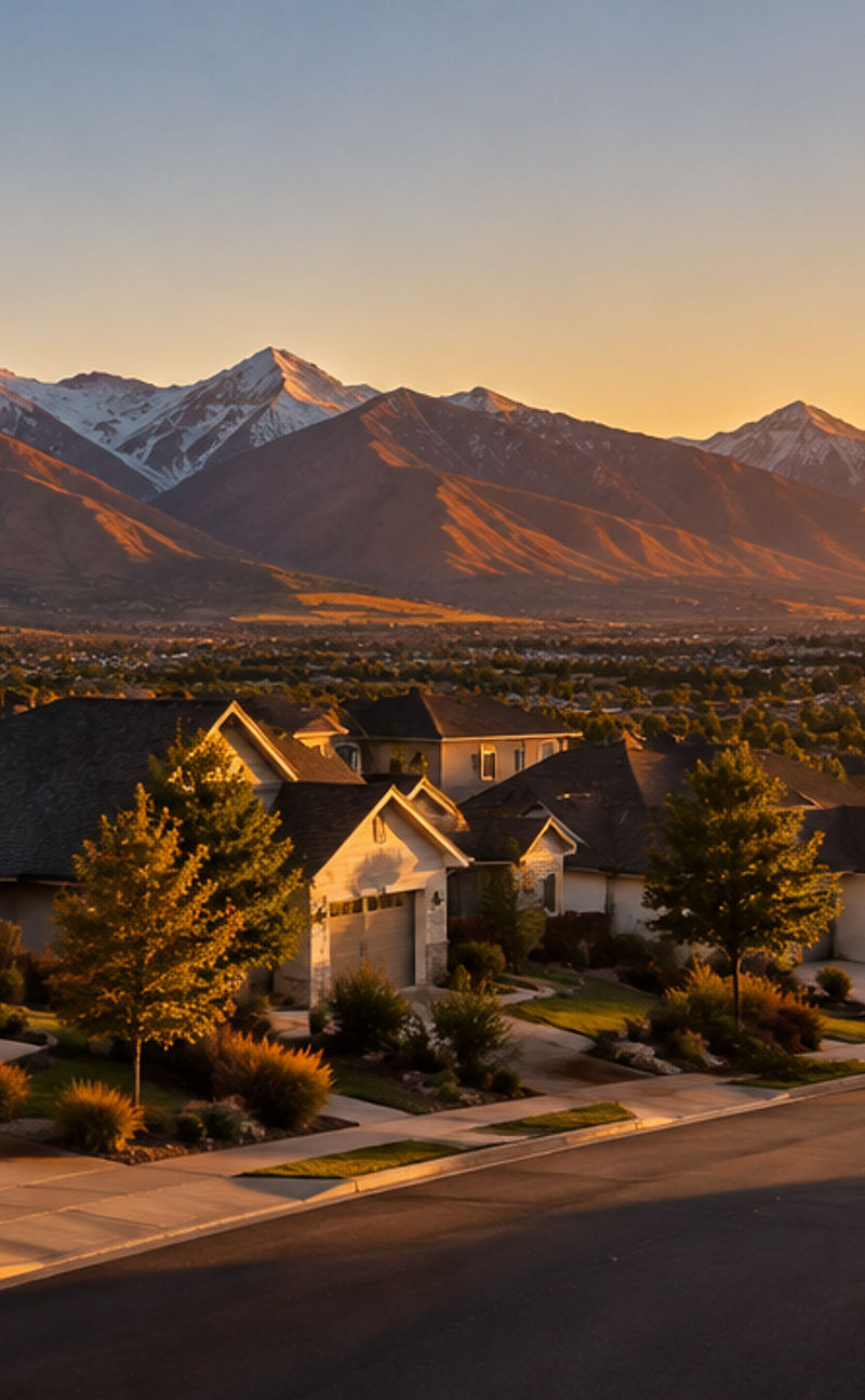 Residential neighborhood in Centerville, Utah at golden hour