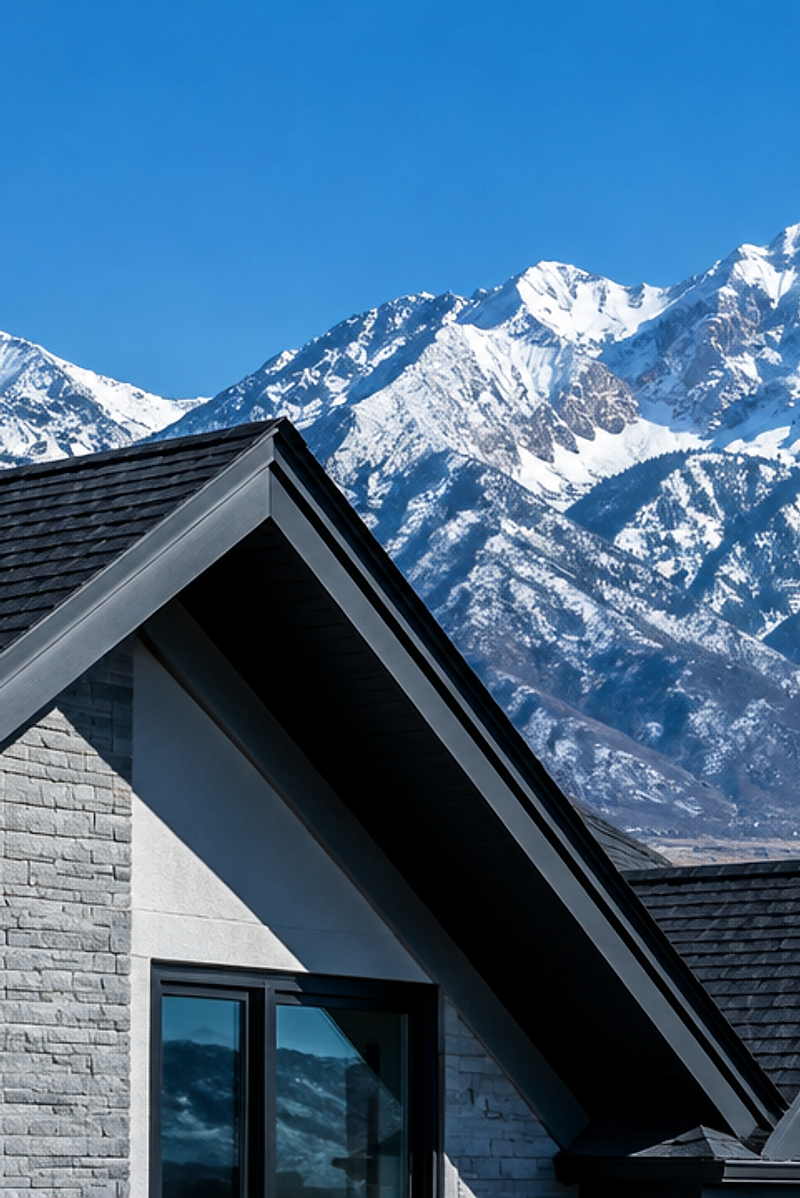 Residential roof peak against the Wasatch Mountains in Davis County, Utah