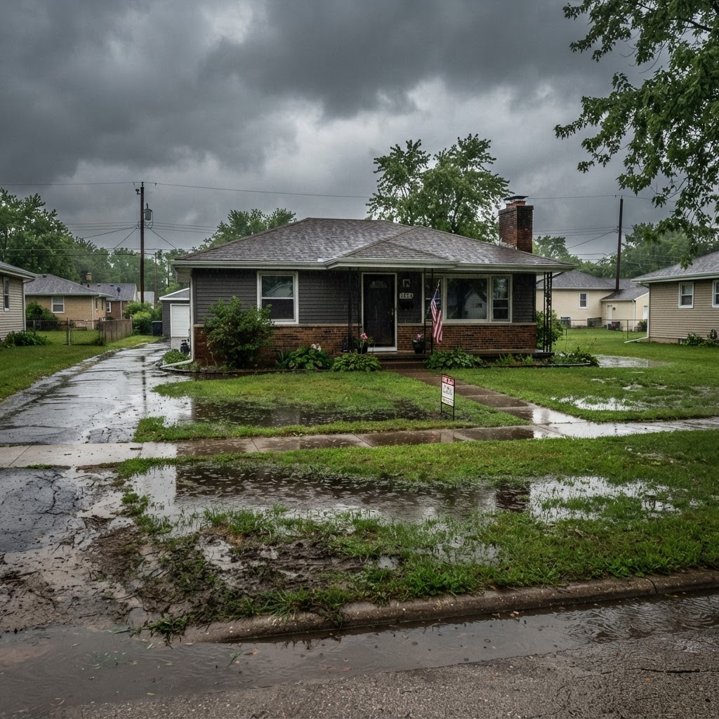 Suburban Crown Point home on a flat lot with water pooling near the foundation