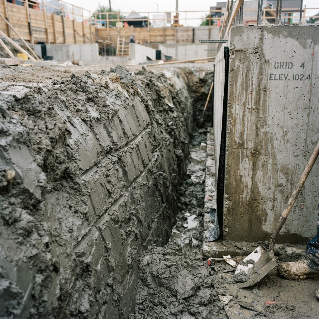 Dense gray clay soil exposed beside a basement wall during excavation
