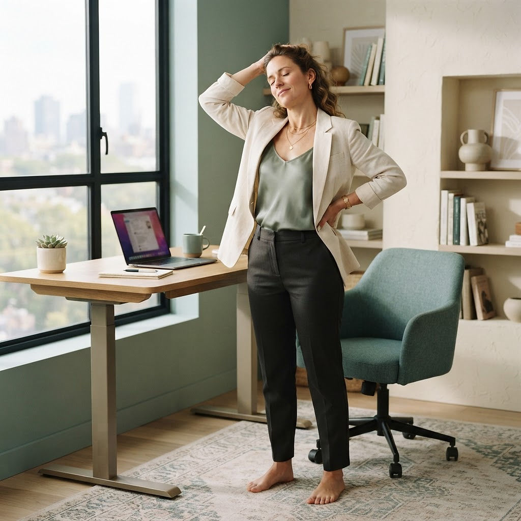 A professional stretching beside a standing desk in a bright office