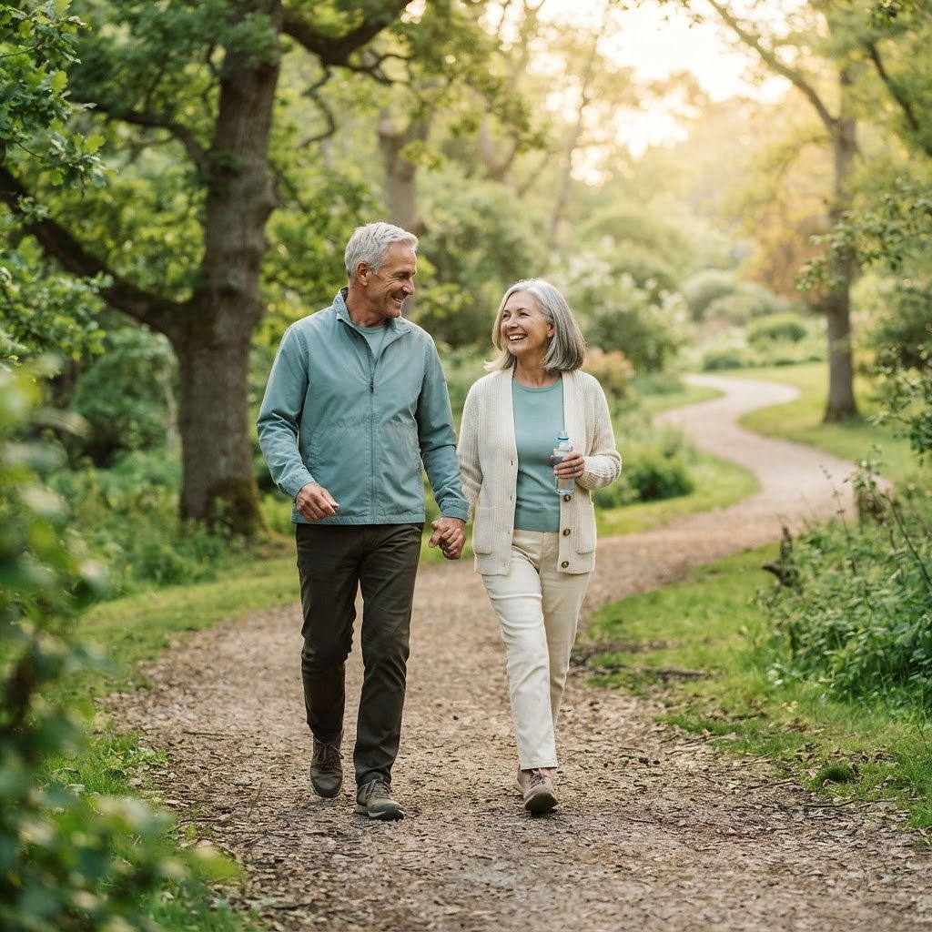 An active senior couple walking together through a green park