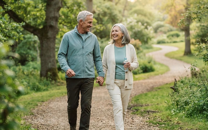 An active senior couple walking together through a green park