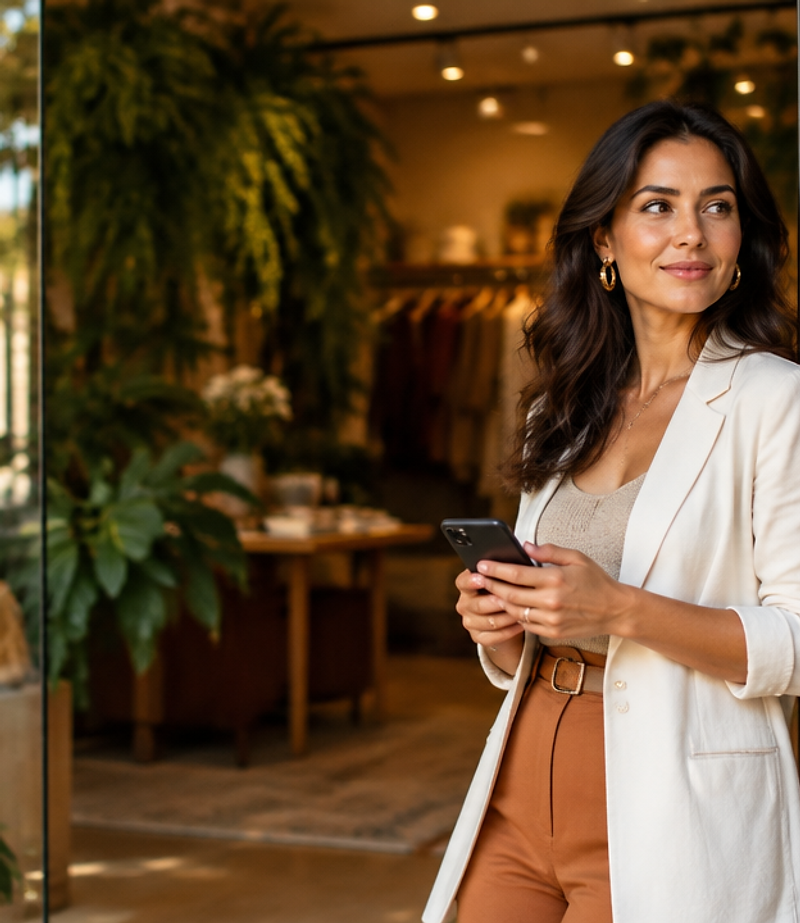 Empreendedora brasileira em sua loja, com o celular na mão, em luz natural