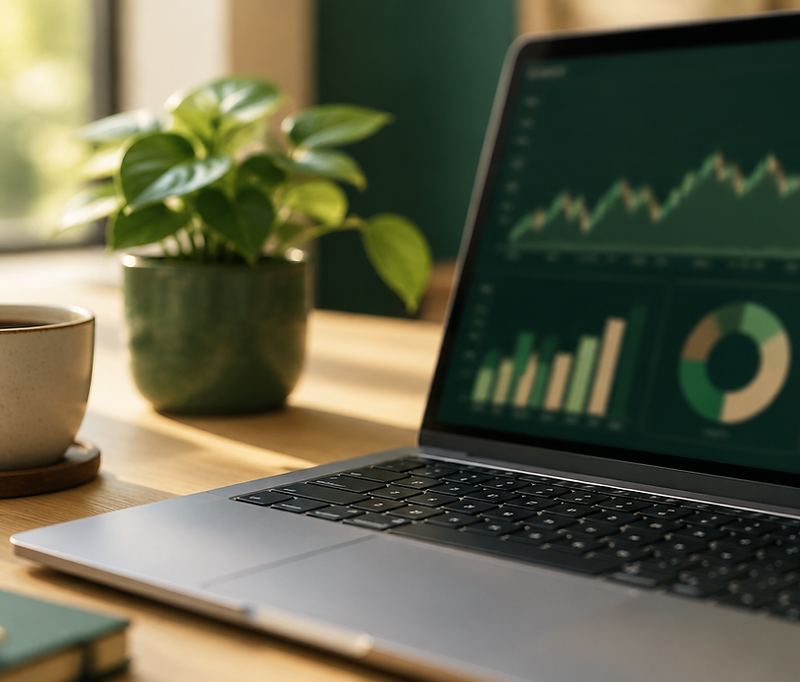 Gráficos financeiros na tela do notebook em uma mesa clara