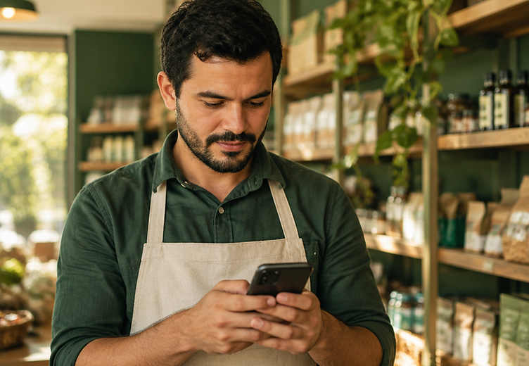 Empreendedor conferindo os números do negócio no celular