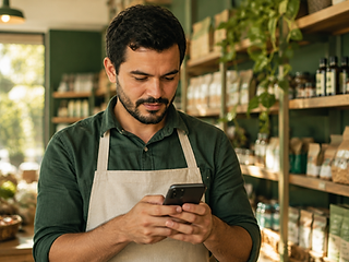 Empreendedora conferindo os números do negócio no celular