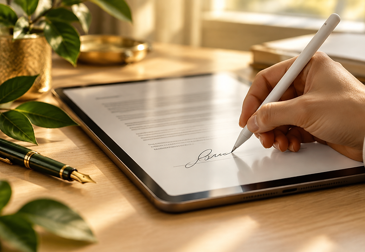 Mãos assinando um documento digital em um tablet sobre a mesa