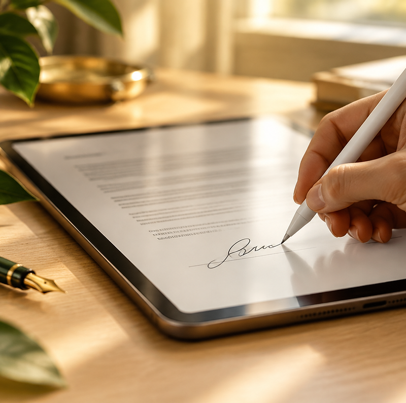 Mãos assinando um documento digital em um tablet