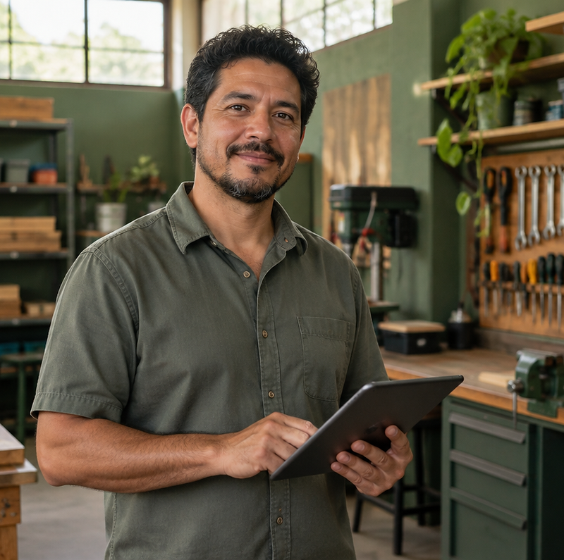 Dono de pequena indústria conferindo dados no tablet