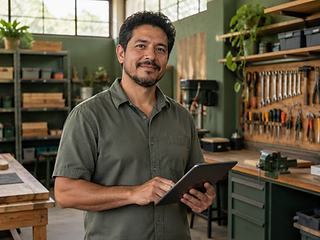 Dono de pequena indústria conferindo dados no tablet