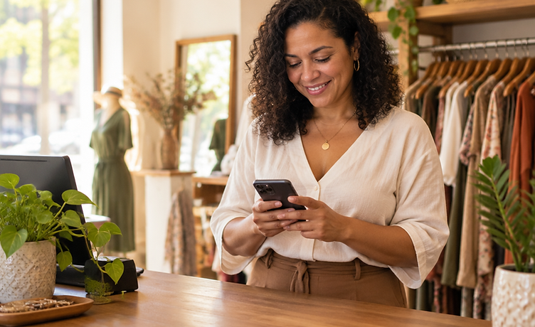 Empreendedora brasileira em sua loja com o celular na mão