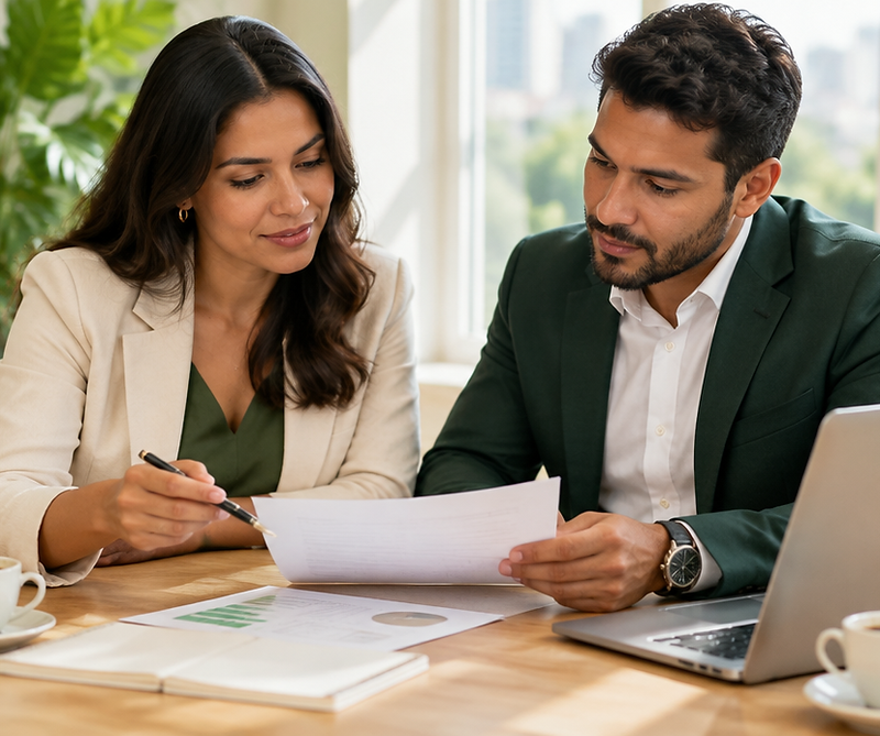Reunião de negócios em uma mesa clara com documentos e café
