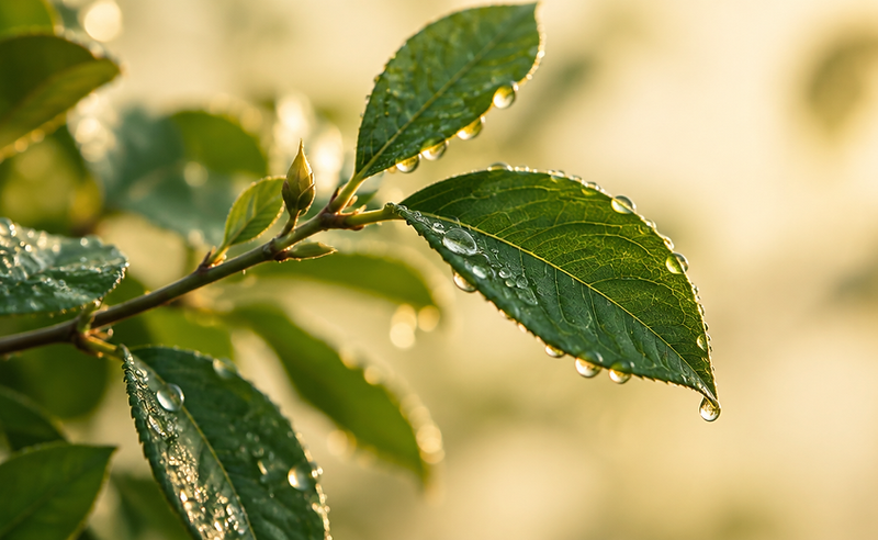 Folhas verdes com gotas de orvalho em fundo claro