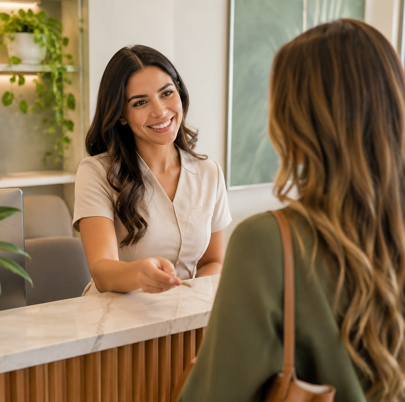 Dona de clínica recebendo uma cliente em um ambiente claro