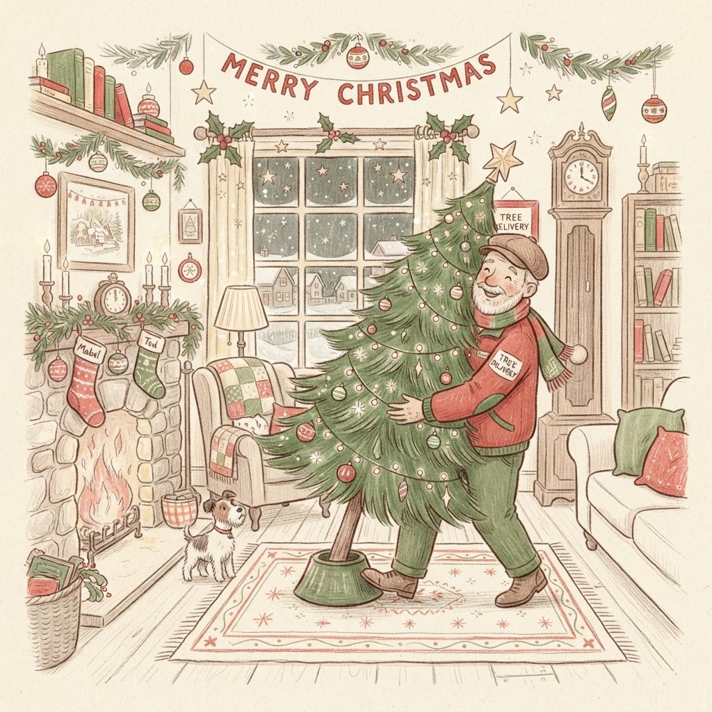 Hand-drawn illustration of a delivery specialist setting up a Christmas tree by a window