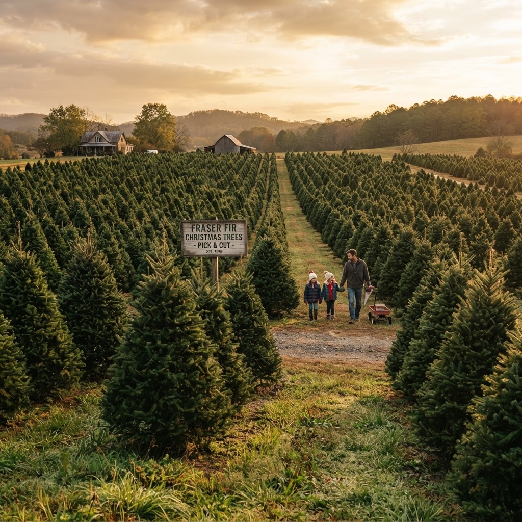 Rows of Fraser fir Christmas trees in a tree garden