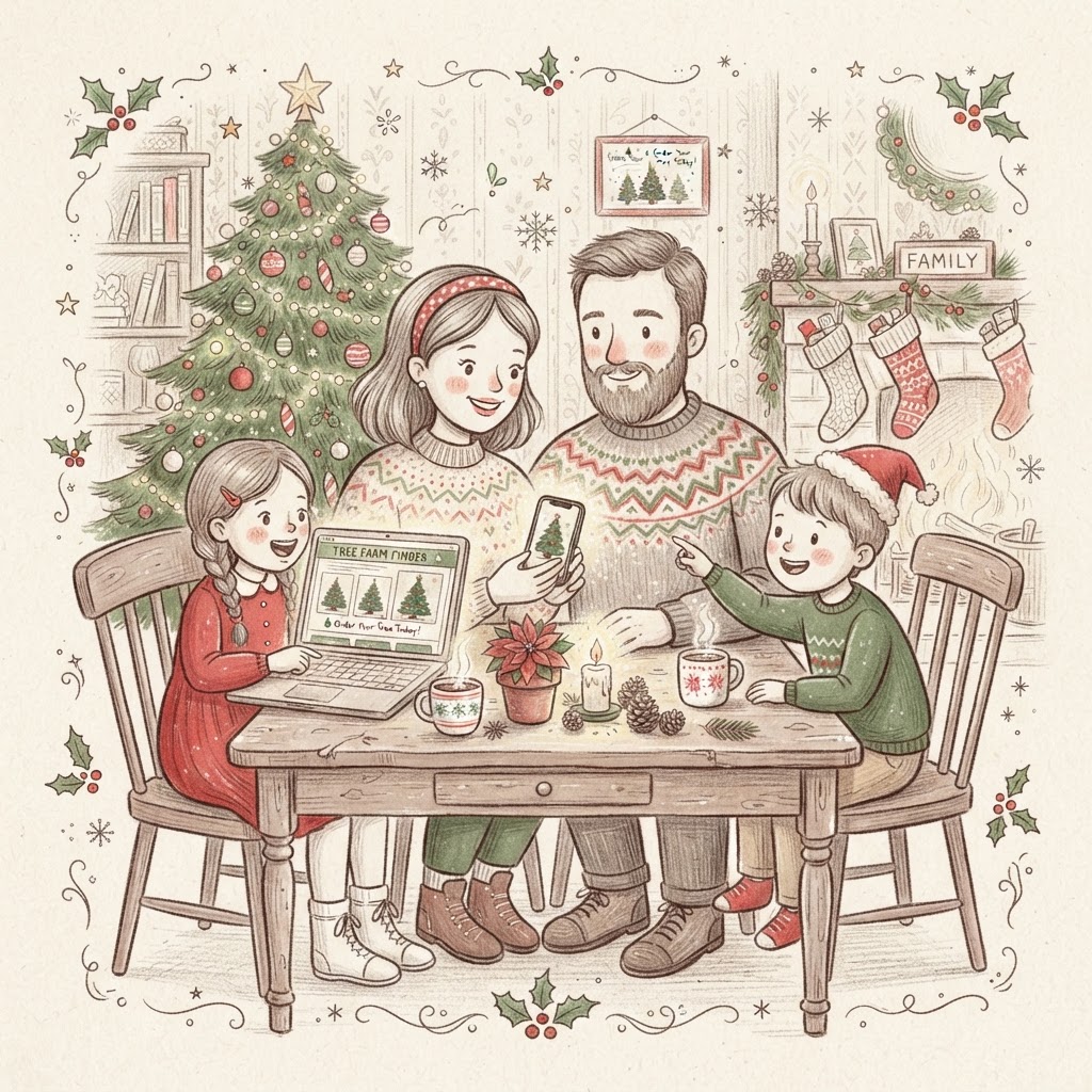 Hand-drawn illustration of a family choosing a Christmas tree on a phone and laptop