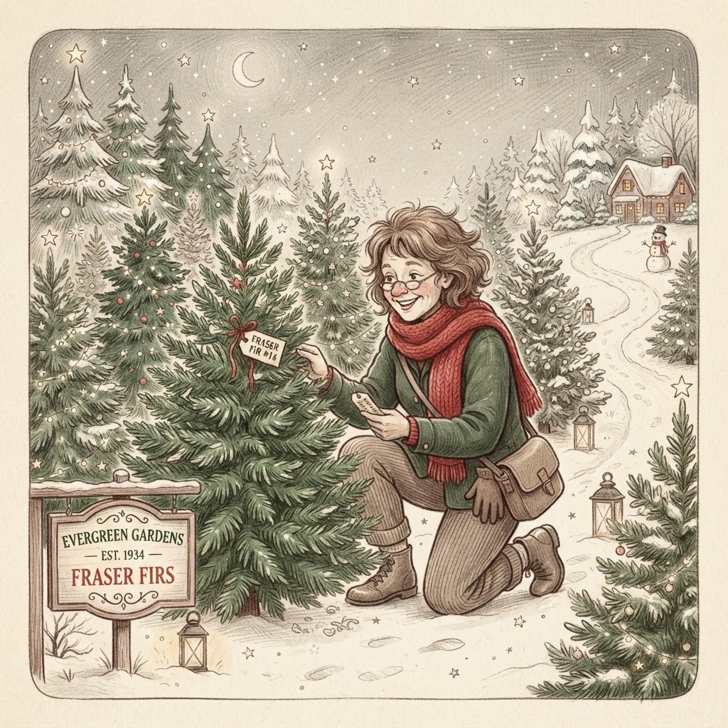 Hand-drawn illustration of a tree specialist picking a Fraser fir in a tree garden