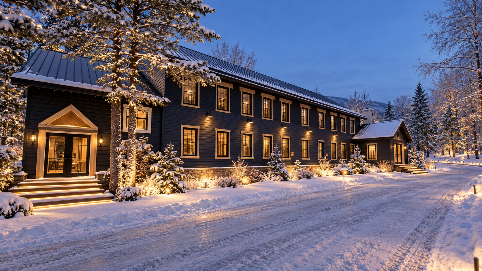 Exterior — main lodge in winter, snow-covered grounds