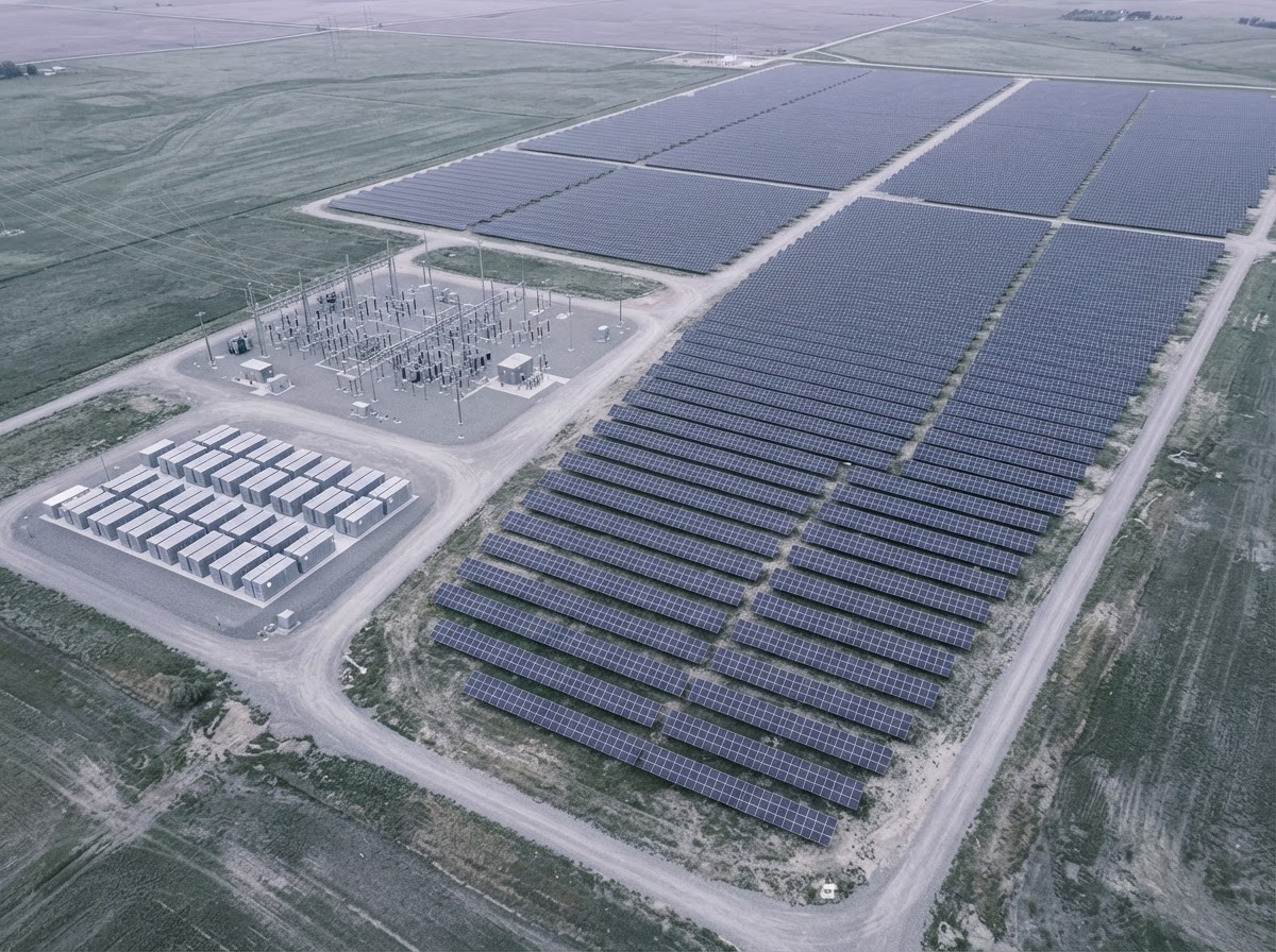 Aerial view of utility-scale solar generation and battery storage