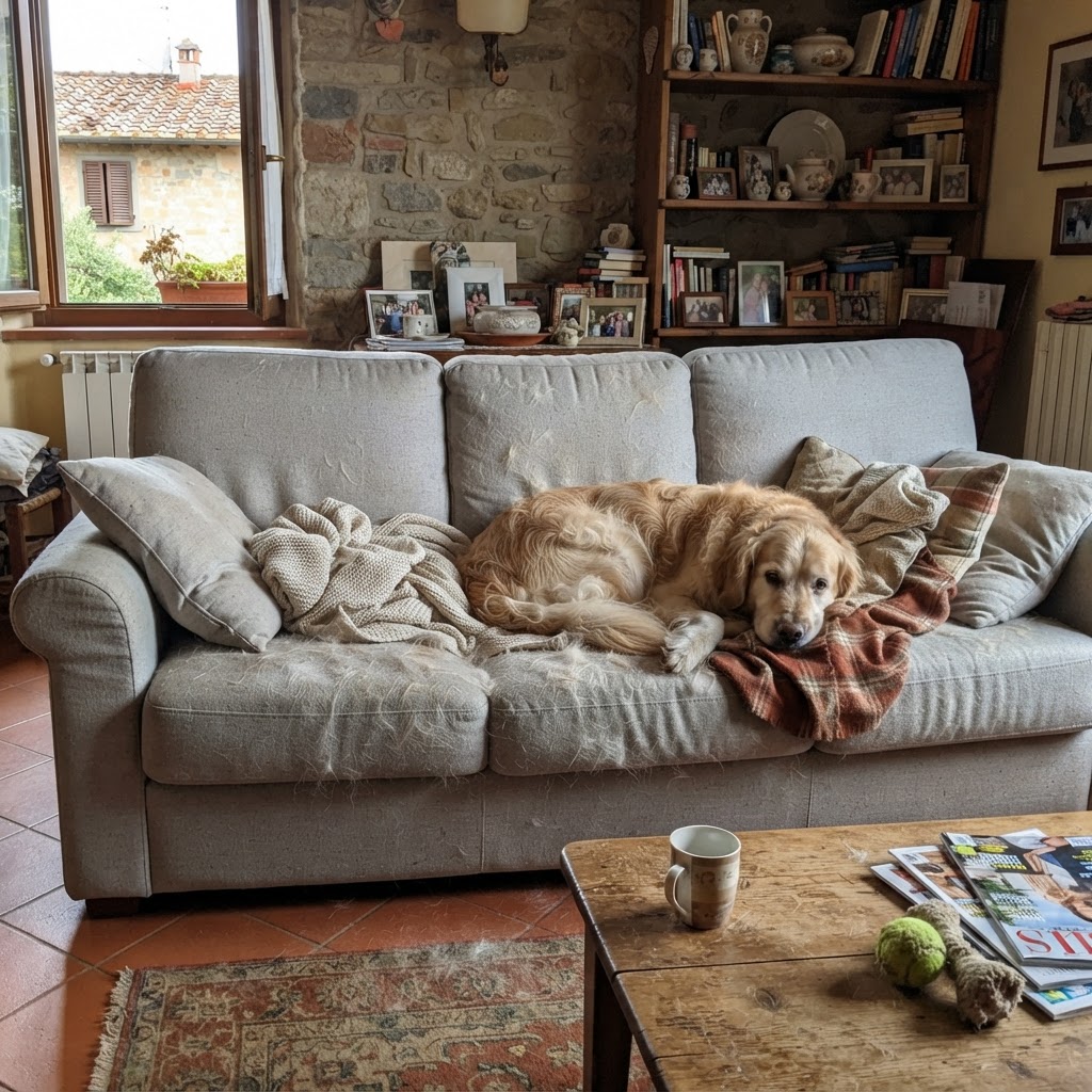Divano pieno di pelo del cane, prima dell'utilizzo di ZampeCasa RimuoviPelo Pro