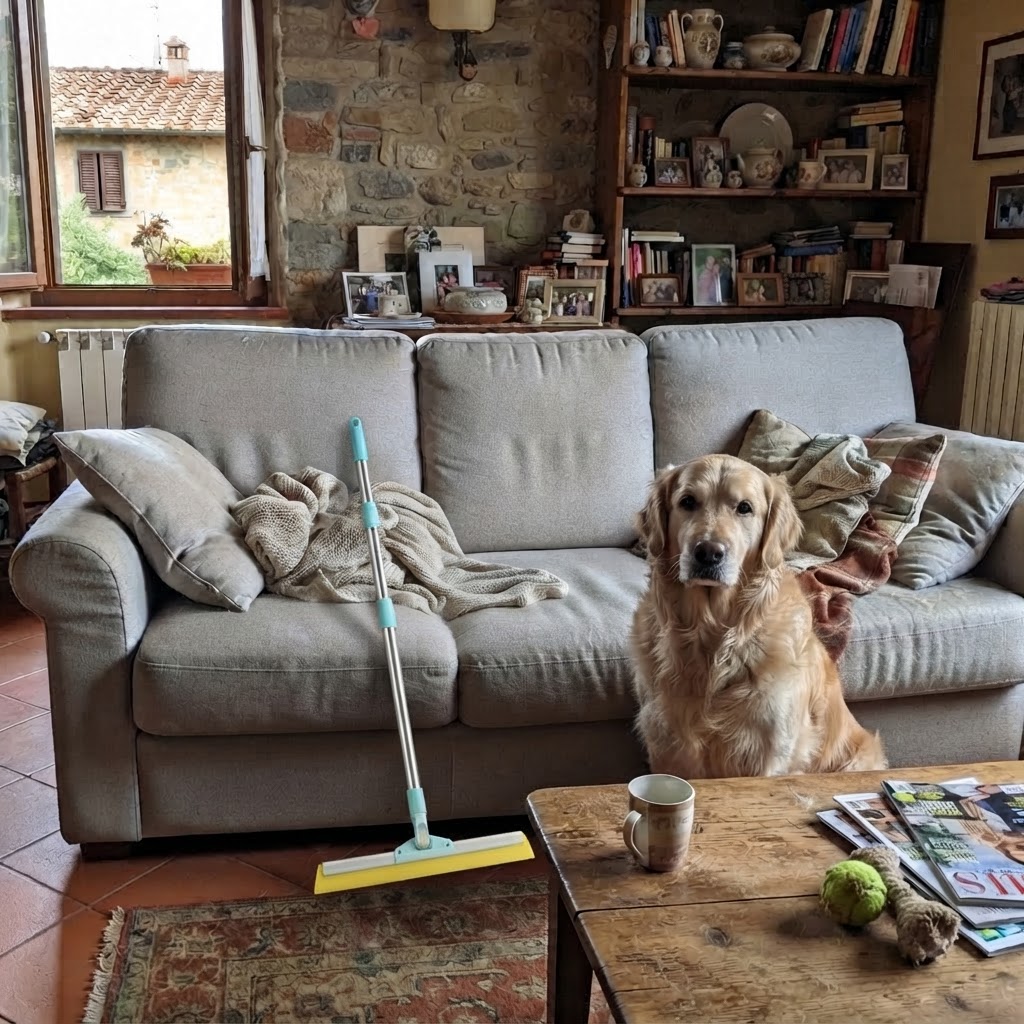 Divano perfettamente pulito dopo l'utilizzo di ZampeCasa RimuoviPelo Pro