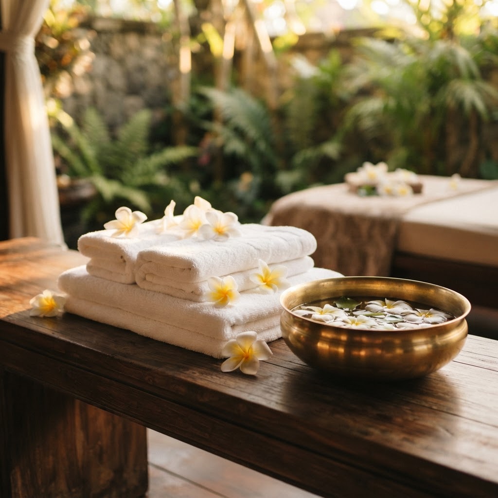 Neatly stacked white towels with frangipani flowers in our Goa spa