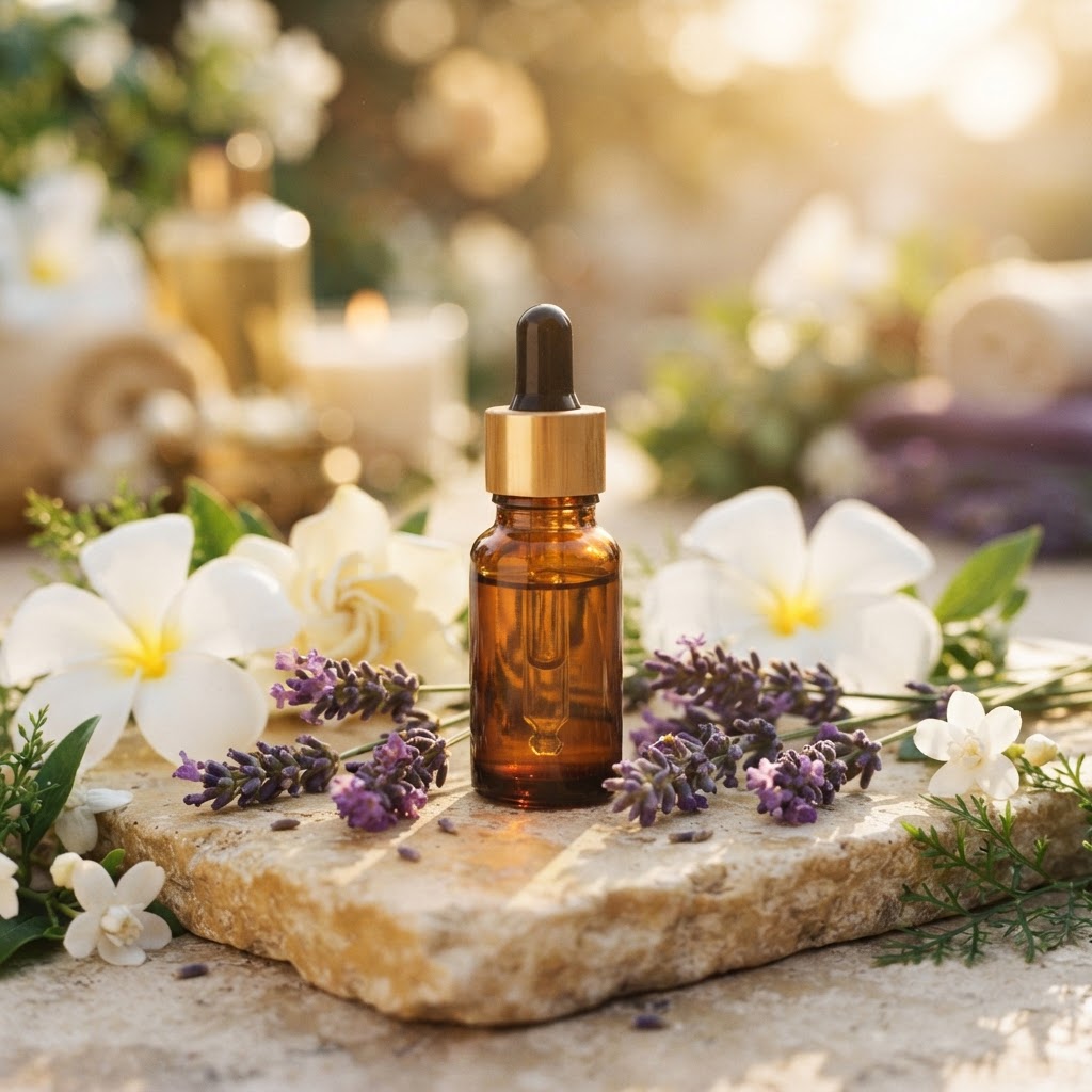 Essential oil bottle with lavender and tropical flowers for aromatherapy massage