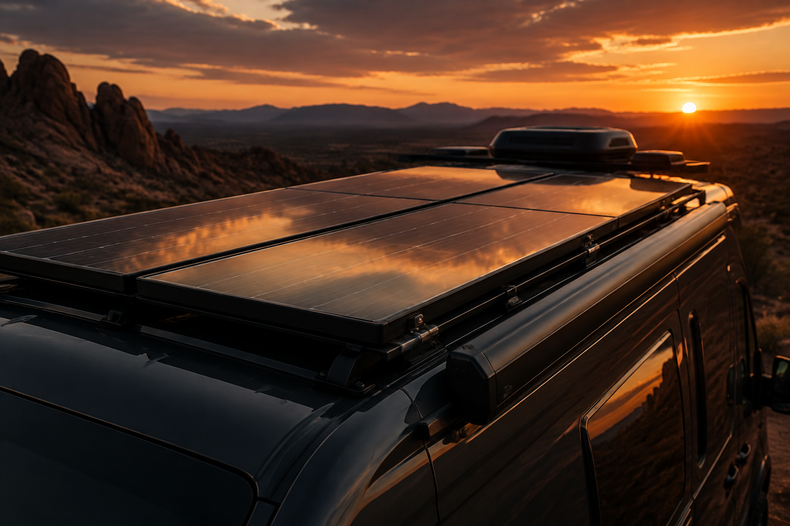 Solar panels on a camper van roof reflecting a desert sunset