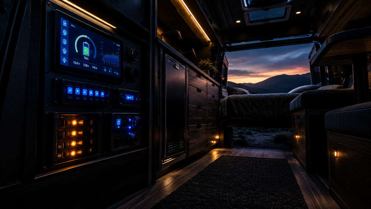 High-end camper van interior glowing with electrical monitoring panels at dusk