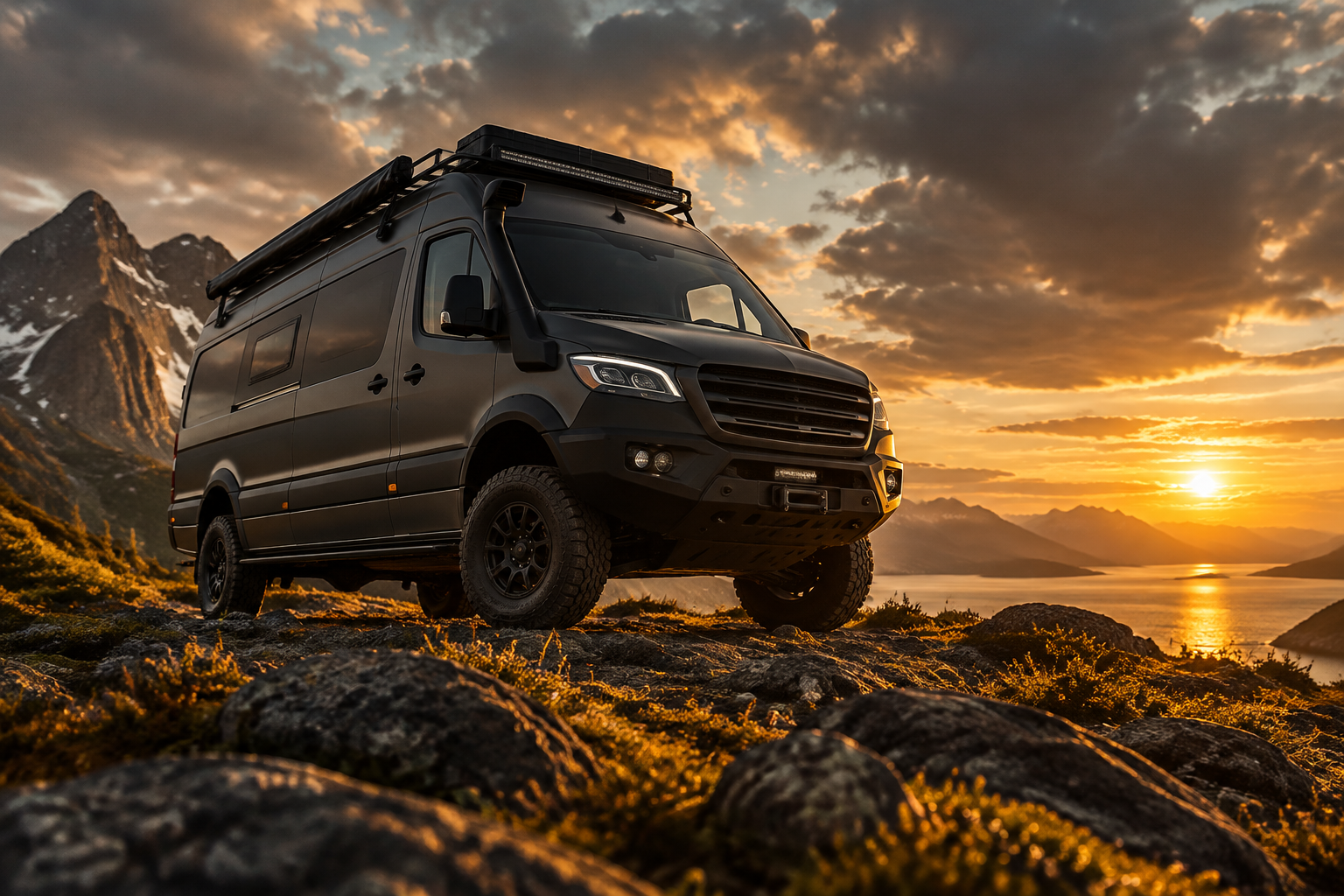 Converted adventure van parked in a dramatic landscape at golden hour