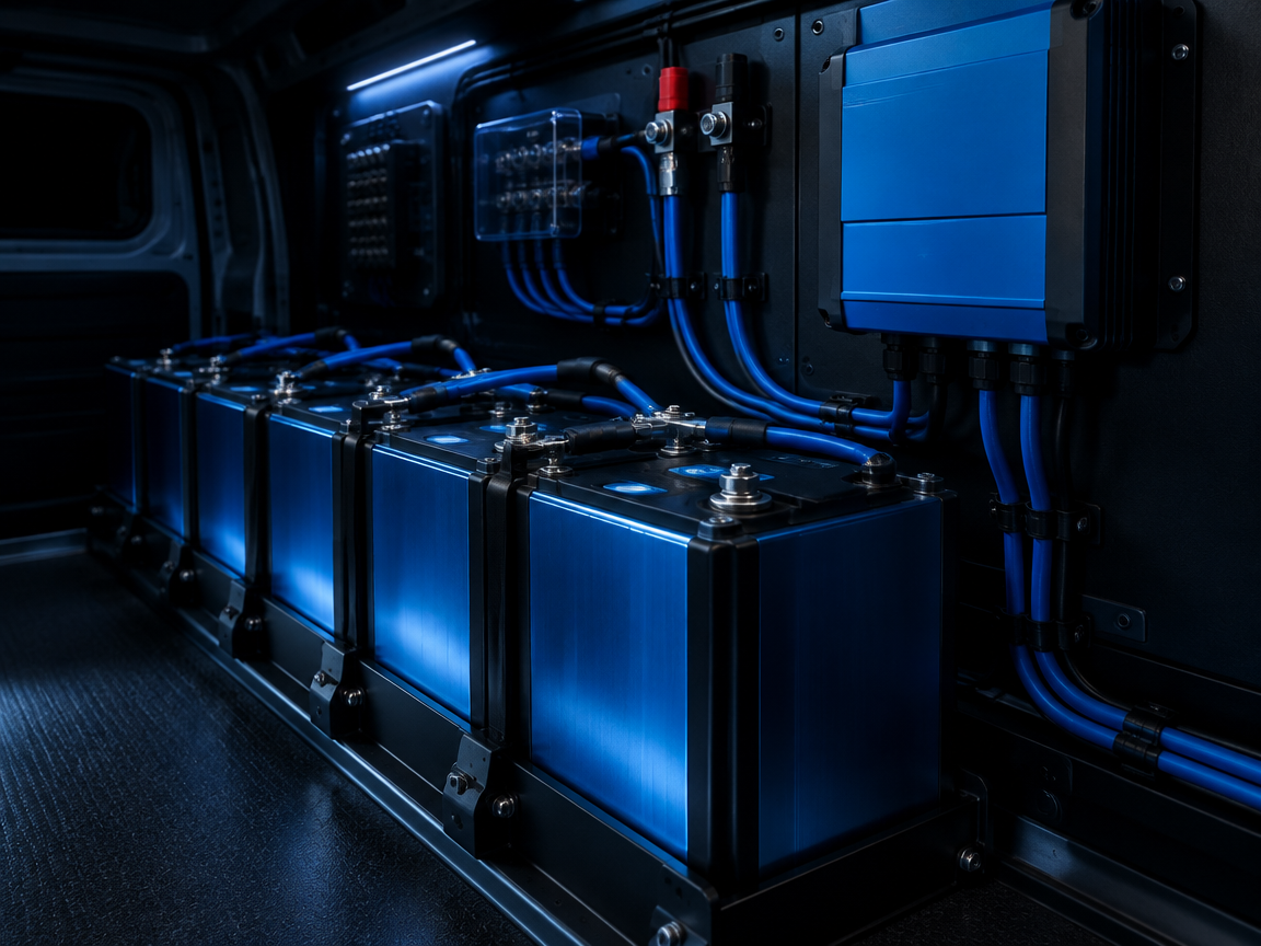 Clean lithium battery bank with inverter and neat wiring inside a van