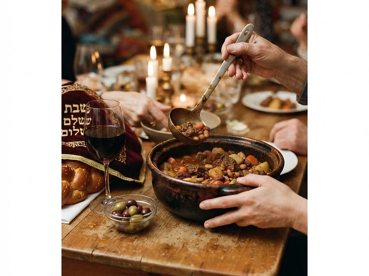 Two people passing a dish of food across a Shabbat table lit by candles