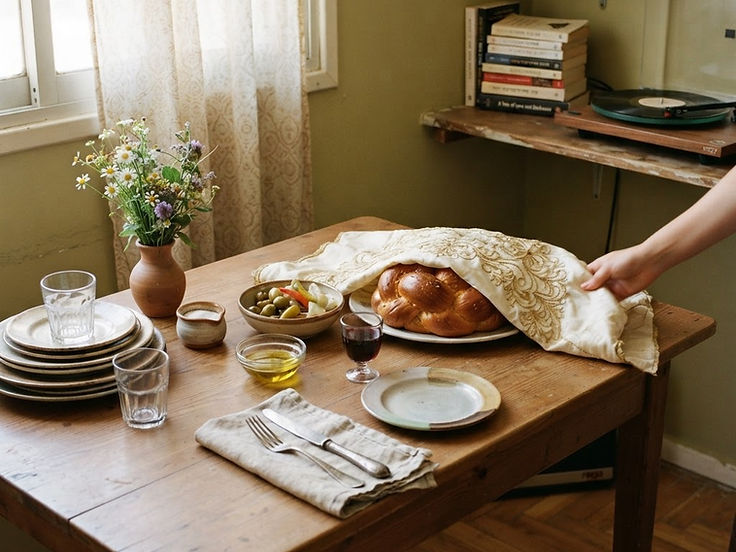 A Shabbat table being set in a home