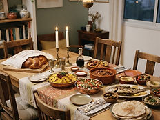 A Shabbat table laid with candles, challah, wine cups, a rice pilaf, a baked fish and salads