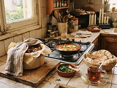 A home kitchen counter on a Friday afternoon with a slow-cooked dish, tomato dip, eggs and flatbread