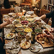 A shared Friday-night table with salad, challah and wine