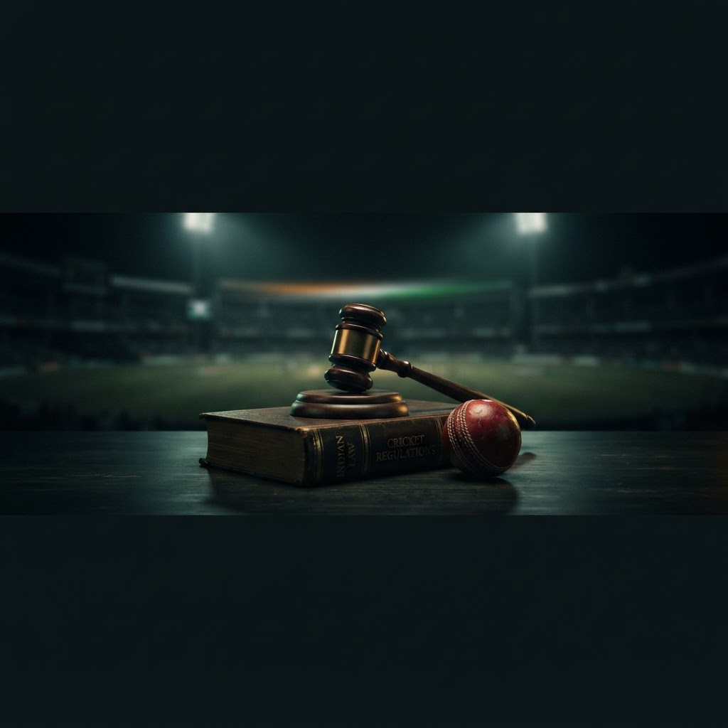 Gavel, law book and cricket ball on a dark desk, showing the legal status of cricket betting IDs in India