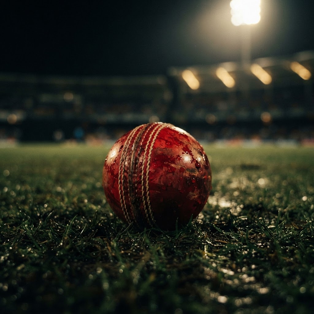 Red cricket ball on dark turf under stadium floodlights