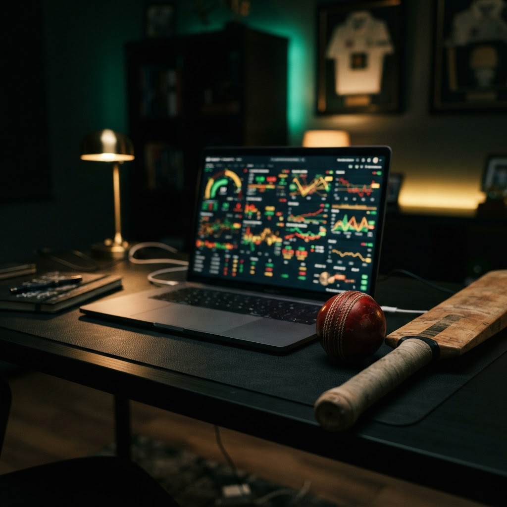 Desk with laptop showing cricket odds charts, cricket bat and ball